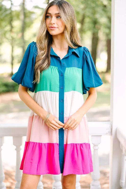 Know You Well Teal Multi Colorblock Dress