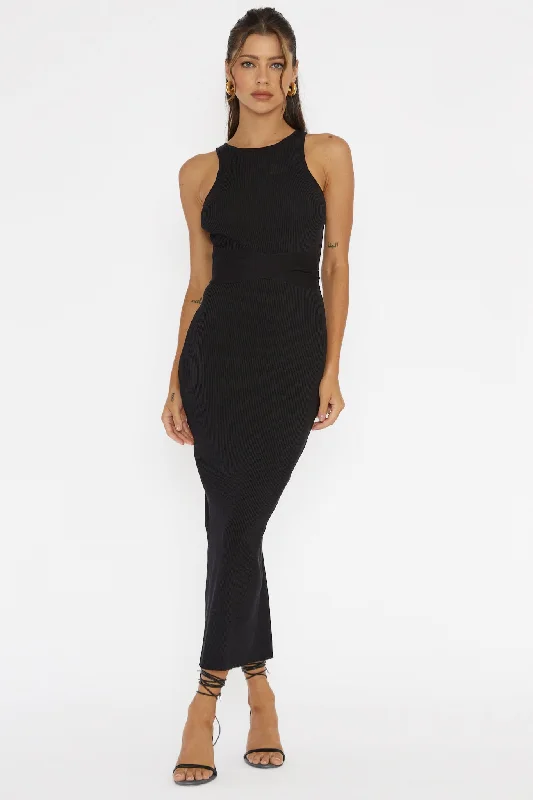 Charmed Me Ribbed Knit Midi Dress Black