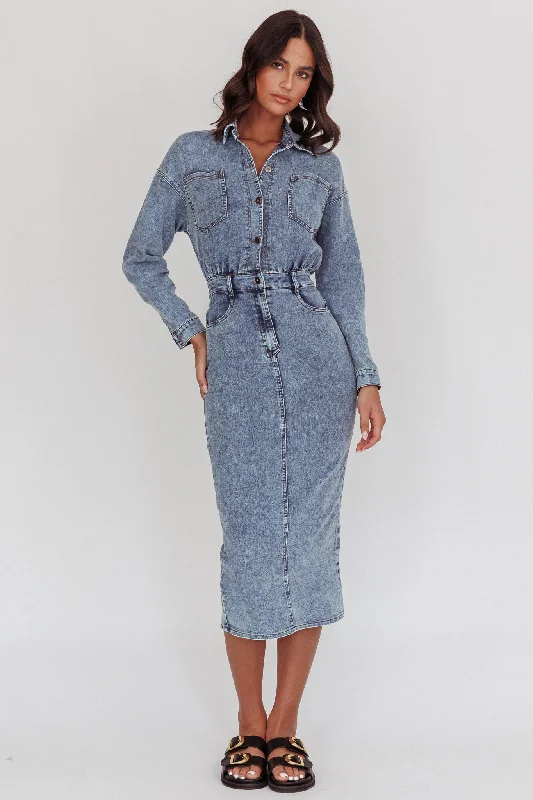 Light Inside Long Sleeve Midi Dress Denim Blue