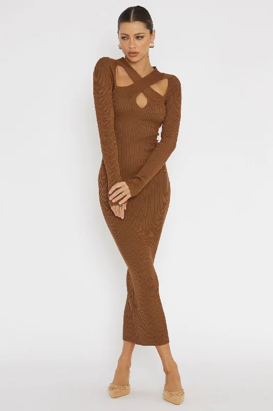 One Mind Cut-Out Neckline Knit Midi Dress Chocolate