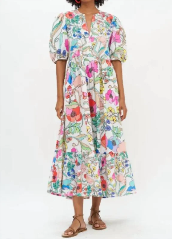 Puff Sleeve Maxi Dress In Multi Zinnia