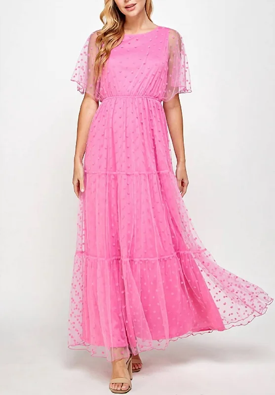 Soft Mesh Dot Maxi Dress In Fuchsia