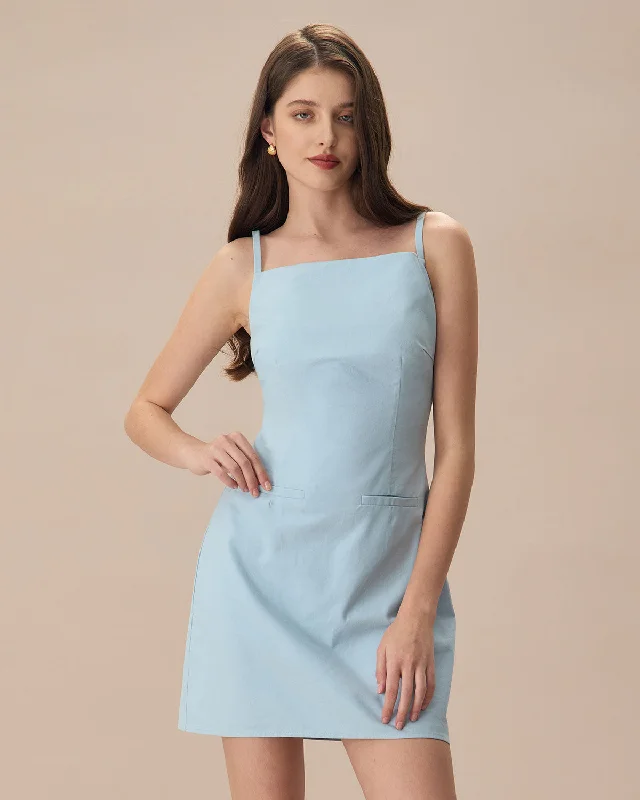 The Blue Square Neck Linen Slip Mini Dress