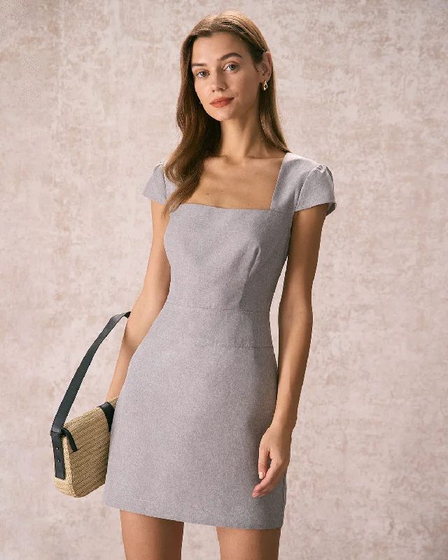 The Grey Square Neck Cap Sleeve Mini Dress