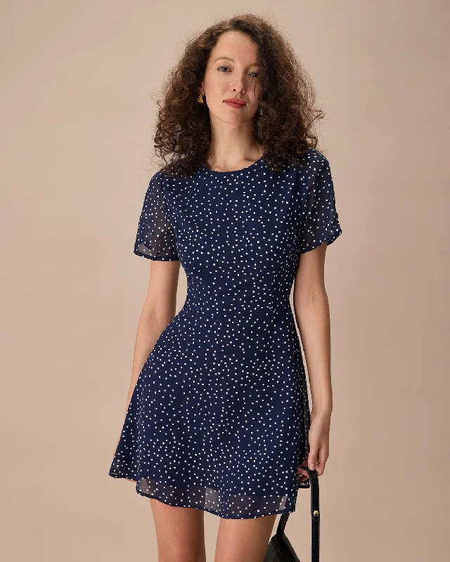 The Navy Crew Neck Polka Dot Cutout Mini Dress