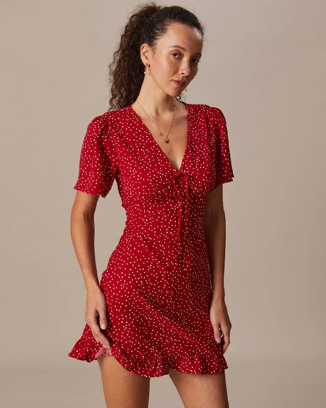 The Red V Neck Polka Dot Flounce Mini Dress