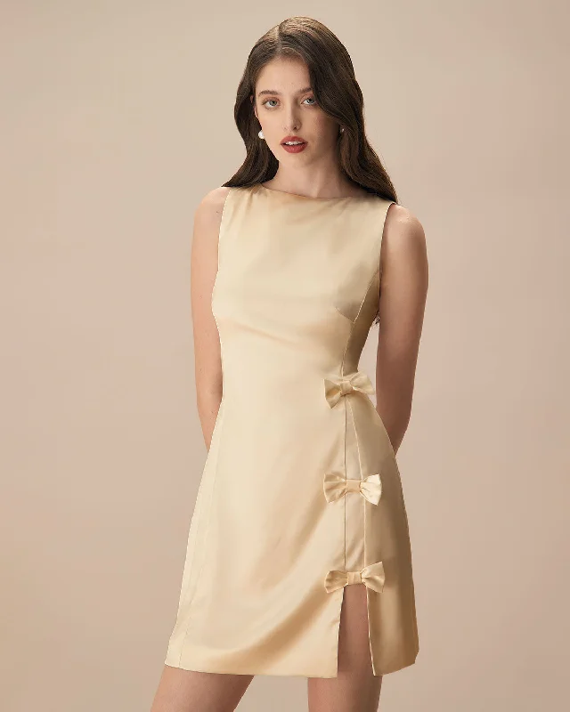 The Yellow Boat Neck Bowknot Satin Mini Dress