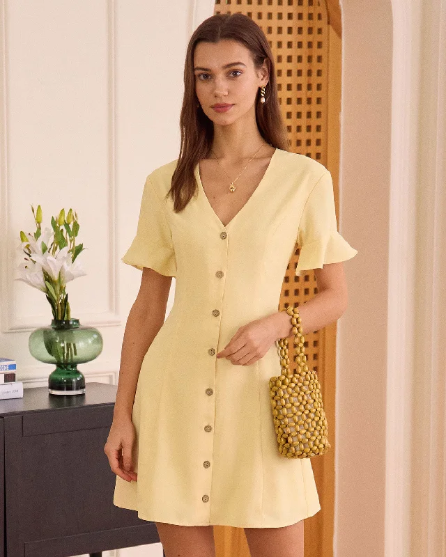 The Yellow V Neck Ruffle Button-up Mini Dress