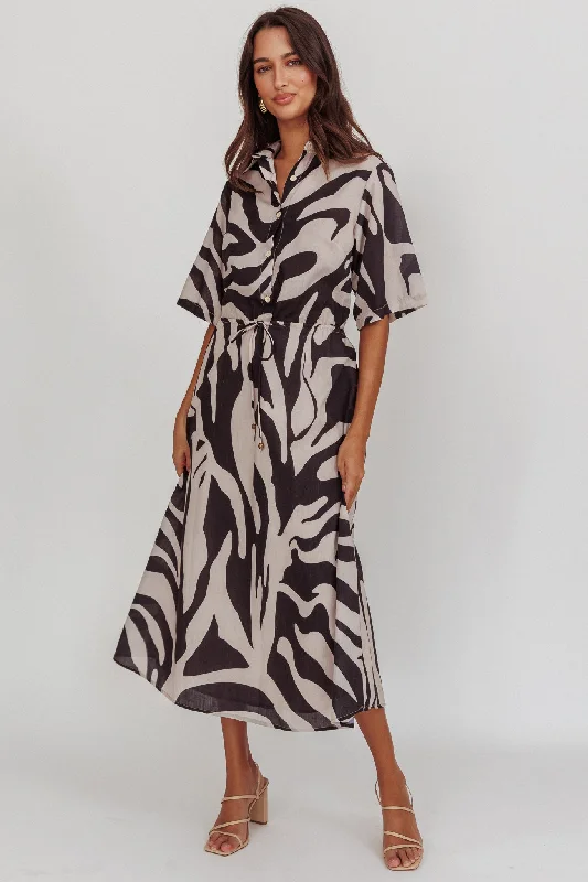 Tiki Boxy Sleeve Print A-line Midi Dress Beige