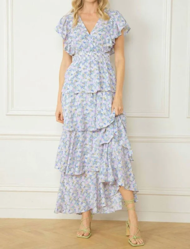 V-Neck Tiered Maxi Dress In Blue Floral Print