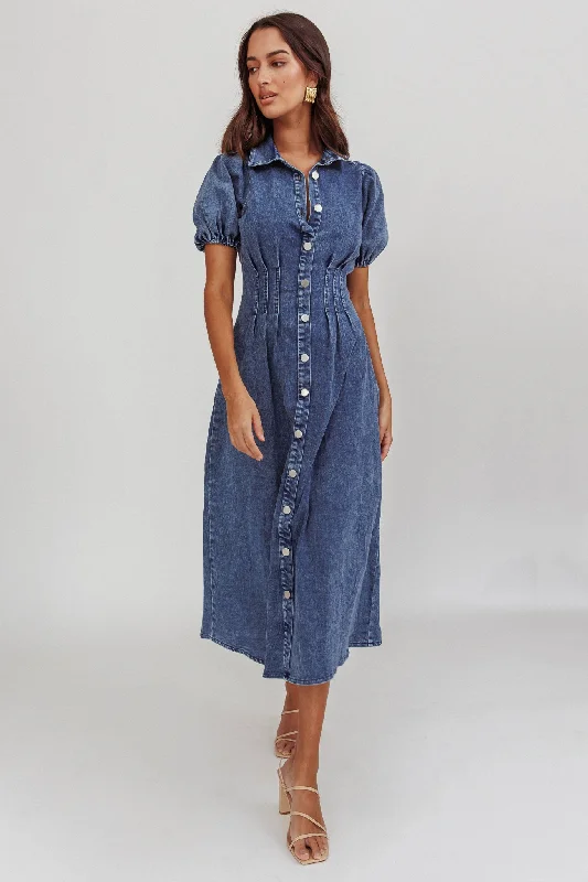 Zurich Pleated Waist Midi Dress Denim Dark Blue