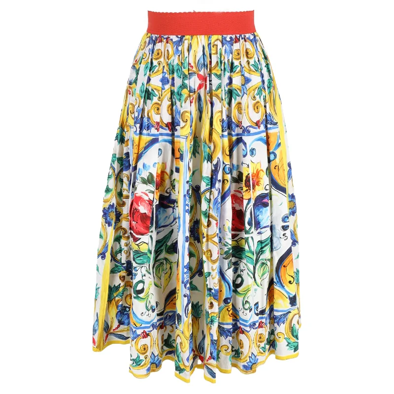 Dolce  & Gabbana Midi Pleated  Majolica Print Skirt in Multicolor in Cotton