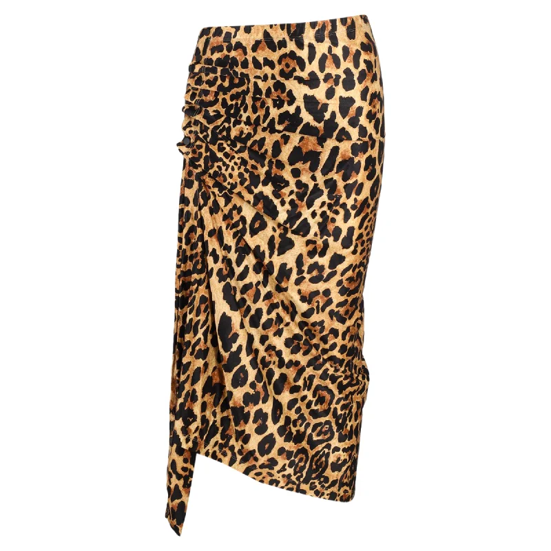 Paco Rabanne Midi Leopard Print Ruched Skirt in Brown Viscose