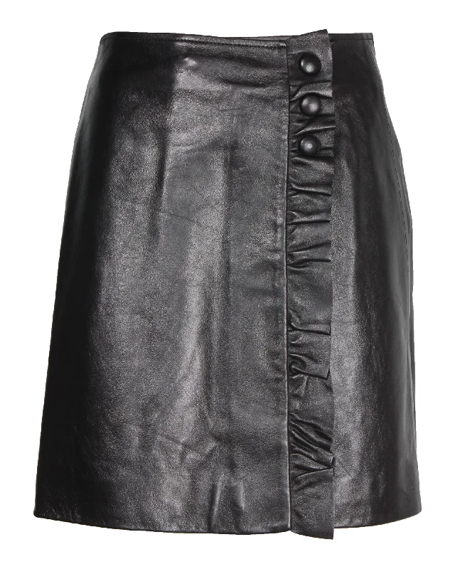 Sandro Jolie Ruffle-Trimmed Skirt in Black Leather