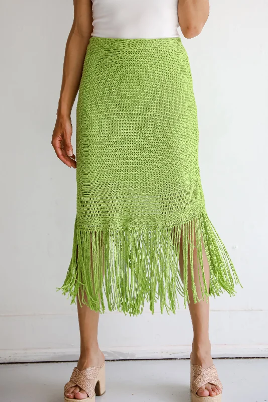 FINAL SALE - Sunshine Loving Lime Knit Fringe Midi Skirt