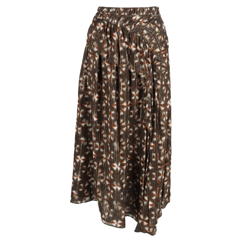 Ulla Johnson Midi Printed Ruffle Detail Skirt in Brown Polyester