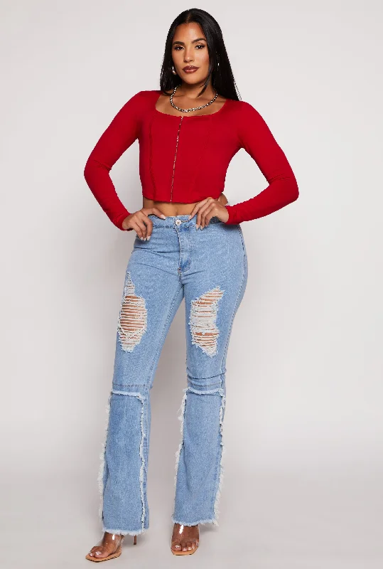 Frayed Trim Distressed Boot Cut Jeans