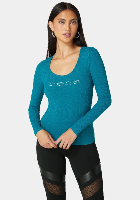 Bebe Logo Long Sleeve Scoop Neck Single Stone Rib Top