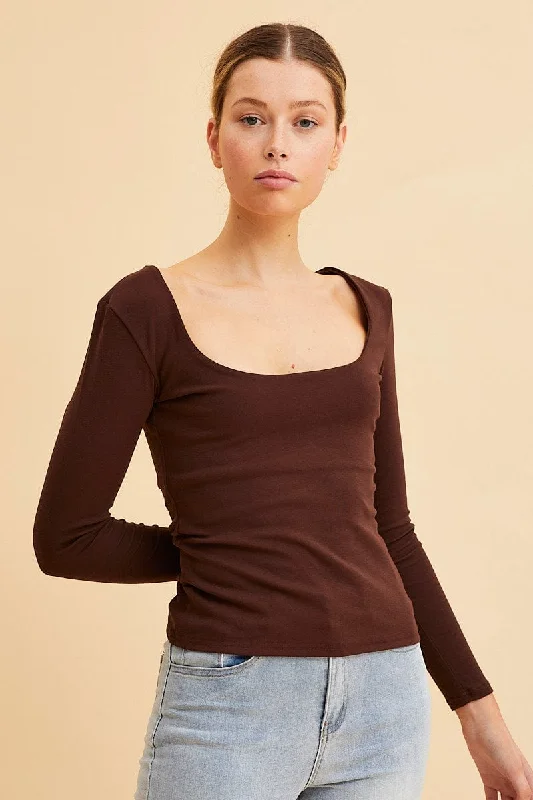 Brown Cotton Top Long Sleeve Scoop Neck