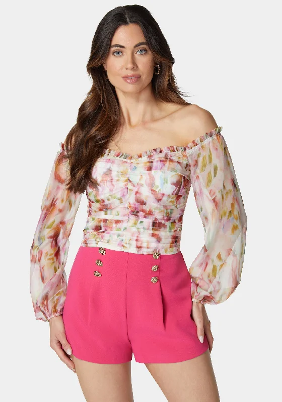 Printed Chiffon Cold Shoulder Ruched Top