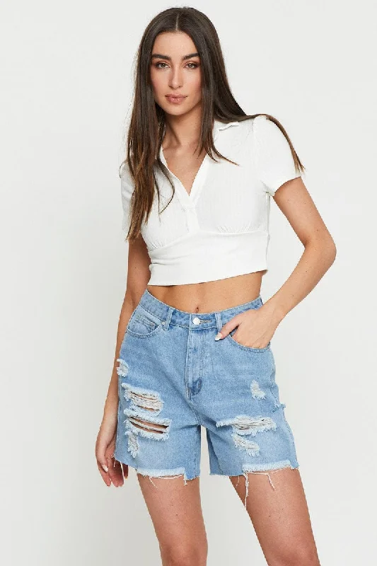 White Crop T Shirt Short Sleeve Collared