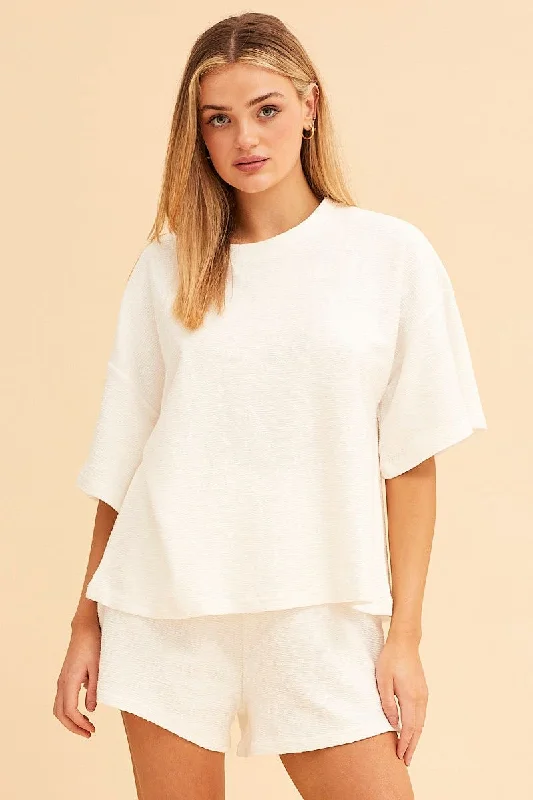 White Remi Oversized Textured Lounge Crew Neck Tee