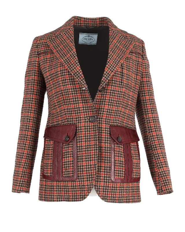 Prada Leather-Trimmed Checked Blazer in Brown Wool-blend Tweed