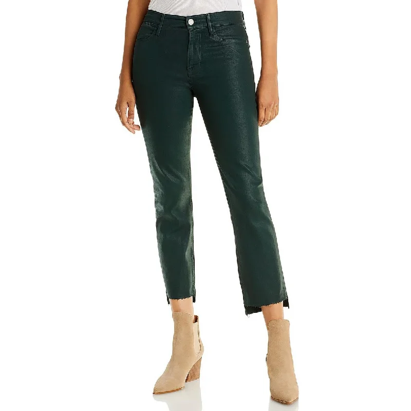 Womens Coated Raw Hem Straight Leg Jeans